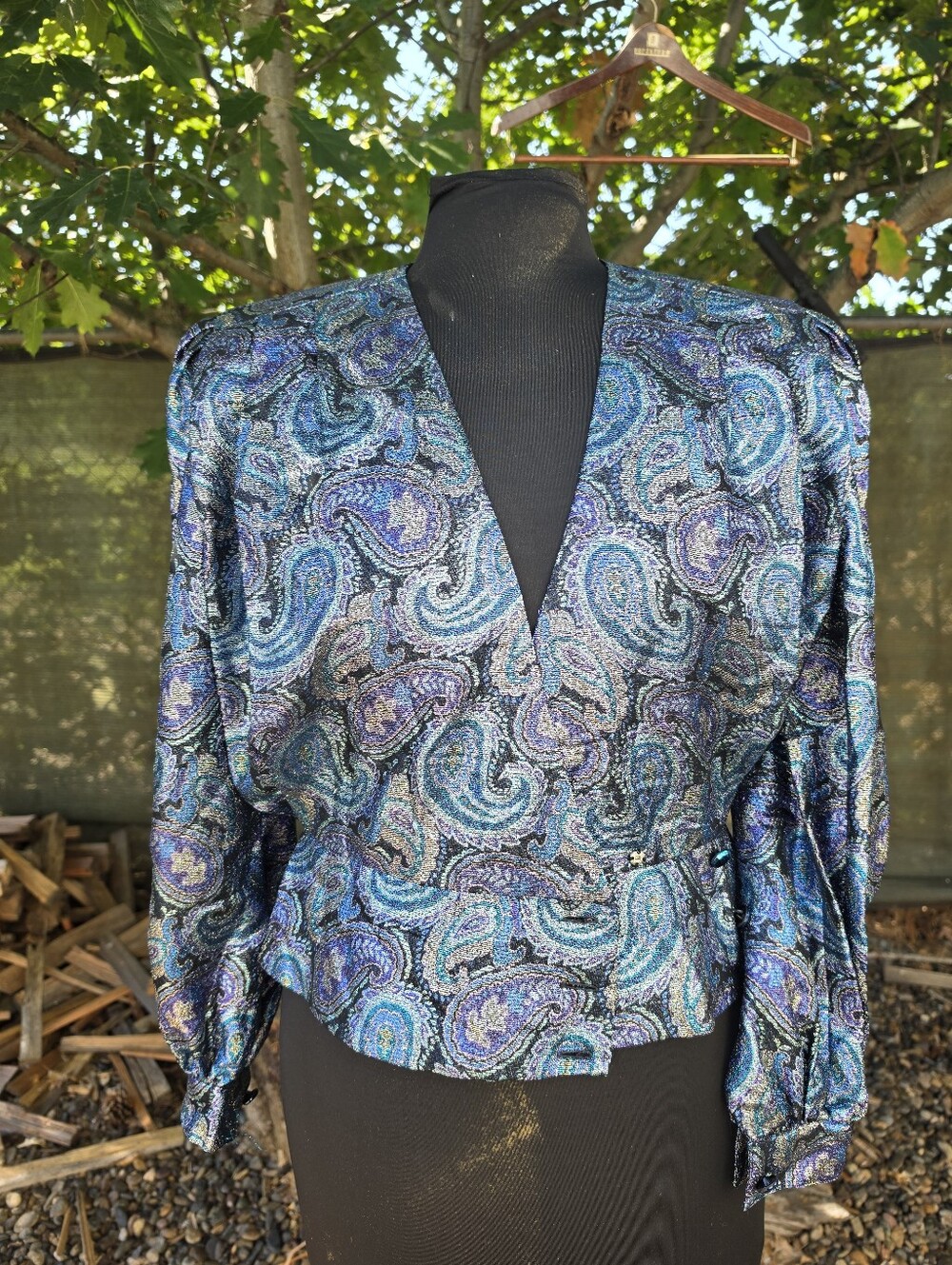 Vtg 80s A.J. Bari Metallic Paisley Blouse Jacket Jewel Tone Glam Dynastystyle